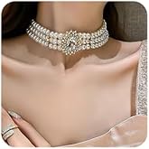 Octwine 1920s Dainty Boho Rhinestones Pearls Short Choker Necklace Chain Multilayer Choker Pendant Necklaces Prom Party for Women and 3 Tier