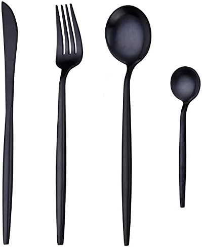 HomeChain Christmas Modern Stainless Steel Black Flatware Silver Fork Spoon Knive Service for 1 ,4-Piece a Set.