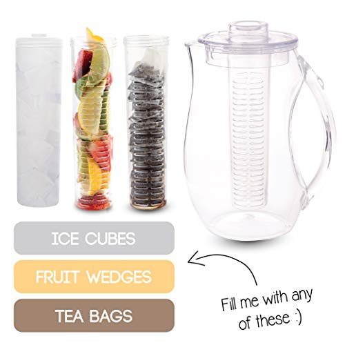 Homeries Fruit Infuser Water Pitcher with 3 Tubs (2.9 Quart / 93 Oz) - Shatterproof Acrylic Infusion Jug for Iced Tea, Juice, Beverages, Water, Lemon, Fruit & Herbs - BPA Free