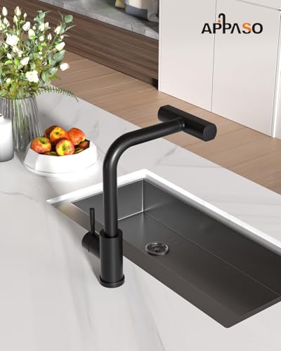 APPASO Grifo de cocina en cascada con rociador extraíble, grifo de cocina negro con rociador 3 modos, grifo mezclador de fregadero de cocina giratorio 360° de acero inoxidable SUS304 (Negro Mate)