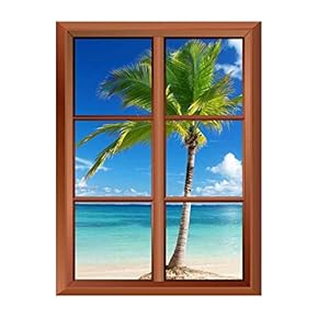 Wall26 Removable Wall Sticker/Wall Mural - Caribbean Sea and Coconut Palm - Creative Window View Vinyl Sticker - 24"x32"
