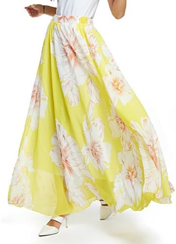 Ning store Women's Floral Print Beach Dress Long Maxi Summer Pleated Chiffon Maxi Skirt (XL, Yellow Blossoming)