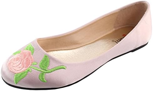 Elegant Footwear Women's Embroidered Rose Floral 90s Round Toe Ballet Flat (8.5 B(M) US, Blush)