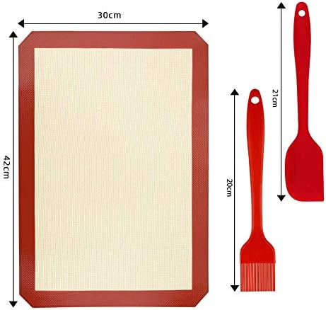 d.Stil 2 Tapis de Cuisson en Silicone 40cm x 30cm 2 Pièces sans BPA Anti-Adhérent Toile Feuille de Cuisson Patisserie 2 Tapis+Brosse+Spatule (Rouge, 2 Tapis(40 * 30cm)+Brosse+Spatule)