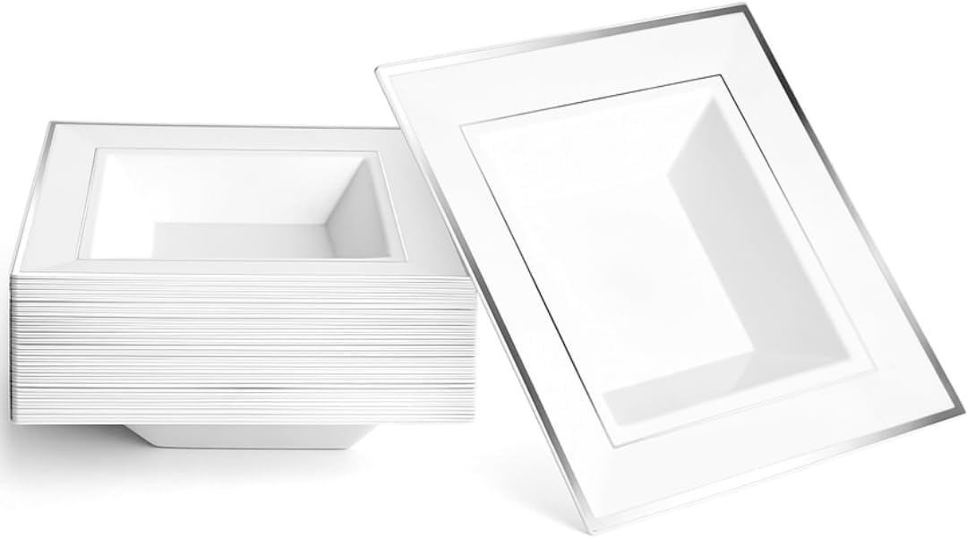 MATANA 20 White Square Plastic Bowls with Silver Rim, 360 ml – Reusable Party Dessert/Soup Serving Bowls for Weddings, Birthdays, Buffet & Catering