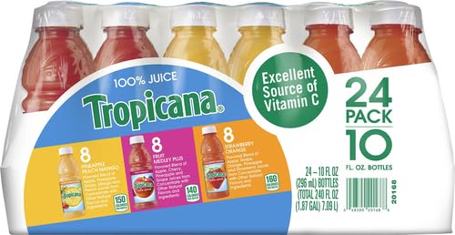 TROPICANA 100% JUICE VARIETY PACK – PINEAPPLE PEACH MANGO, FRUIT MEDLEY & STRAWBERRY ORANGE, SINGLE SERVE, 10 FL OZ BOTTLES (PACK OF 24) – VITAMIN C RICH, NO ADDED SUGARS, NO ARTIFICIAL FLAVORS