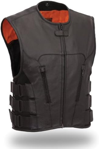 First Classics Black Leather Swat Motorcycle Vest with Single Back Panel - Black, 3X
