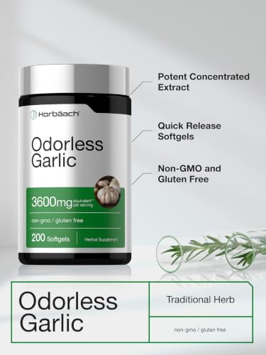 Horbäach Odorless Garlic Softgels | 200 Count | Ultra Potent Garlic Extract | Non-GMO & Gluten Free