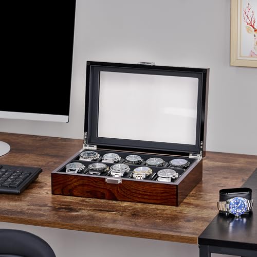 BEWISHOME Watch Box -10 Slot Wooden Watch Cases for Men Watch Storage with Real Glass Top, Mens Watch Organizer Holder with Removable Pillows, Smooth PU Leather Interior, Brown SSH10Y