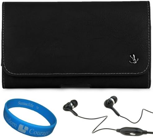 Black Matte Executive Faux Leather Horizontal Holster Case w/ Fixed Belt Clip (SAM331) for LG Optimus G Pro Android Smart Phone + Black 3.5mm Handsfree Hifi Noise Isolating Stereo Headphones with Windscreen Mic + SumacLife TM Wisdom Courage Wristband