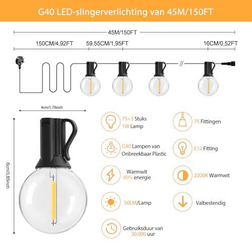 Pogestrand G40 45m Outdoor String Lights Outdoor Indoor Power with Plug 75 Unbreakable Bulbs Outdoor Mesh Powered for Patio, Patio, Balcony, Shed