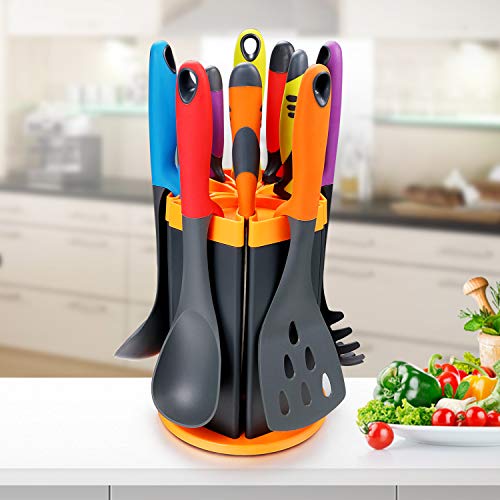 Kitchen Utensil Set & Kitchen Knife Set - 6 Piece Nylon Nonstick Cooking Utensil Set & 5 Piece Cook Knife Set with Rotating Knife & Utensil Holder - Kitchen Tools include Knife,Turner,Spatula & Spoon