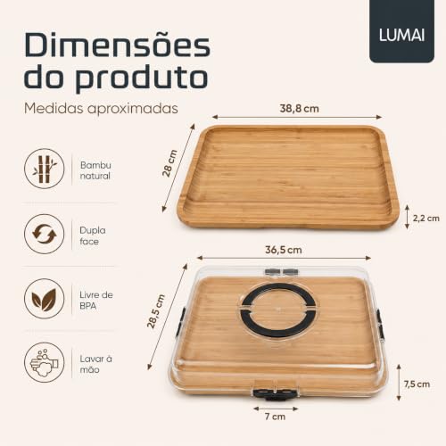 LUMAI Bandeja de Frios Paris com Tampa Acrílica, 4 Travas e Alça | Dupla Face Polida Impermeabilizada, Charcutaria, Queijos, Frios, Frutas, Servir, Carregar, Piquenique
