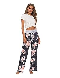 LOCUBE - Pantalones largos de pijama para mujer con estampado floral