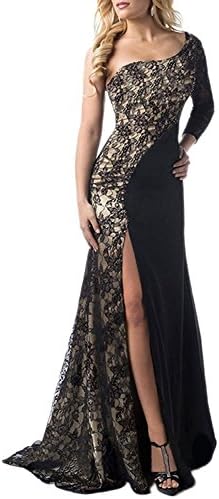Scecent Women's Sexy One Shoulder Side Slit Lace Maxi Prom Evening Dress