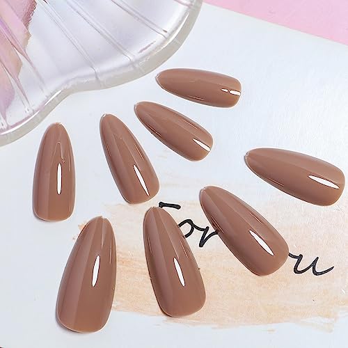 YOSOMK Coffee Brown Press on Nails Almond Medium Fake Nail Solid Color Full Cover Artificial False nails Glossy Manicure Glue on Acrylic Nails for Women - Image 5