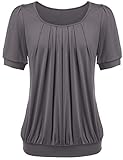 Halife Women's Casual Solid Color Round Neck Pleated Front Blouse Tops with Sleeves