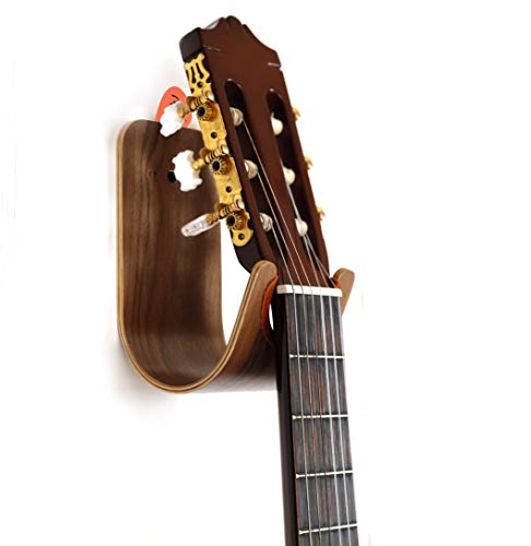 Plywood Guitar Wall Mount Holder with pick slot on top, Modern and unique Design Guitar Hanger for Bass Acoustic Electric Guitars Ukulele Folk Violin Mandolin Banjo Stand (Black Walnut)