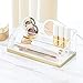 mDesign Plastic 4 Tier Cosmetic Palette Organizer with 4 Compartments for Bathroom Vanity, Countertop or Cabinet to Hold Makeup, Lipstick, Eyeliner, Beauty Accessories - Clear/Soft Brass