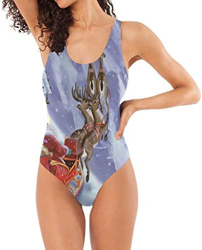 HONGSH Women One Piece Swimsuit Santa Claus is Flying Sleigh with Reindeer Backless Swimwear