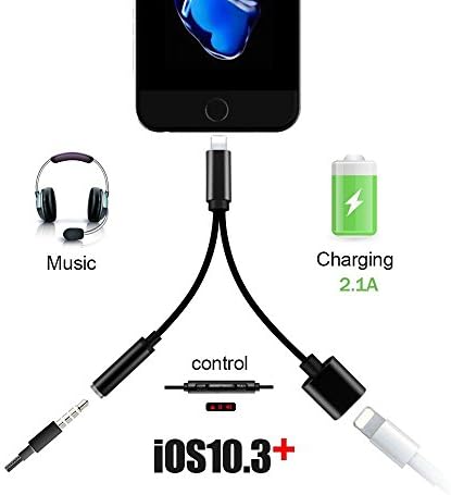 Jiaguoe Support iOS 10.3.2 - Lightning to 3.5mm Headset Audio Adapter, Jiaguoe 2A 2 in 1 Lightning Charger and 3.5mm Earphones Jack Cable for Apple iPhone 7 7 Plus 6S 6 iPod iPad (Black)
