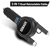 SDBAUX Car Charger with 2.3ft Dual Retractable Cable,Multi 3 in 1 Adapter Compatible Samsung Galaxy S9 S8 Note 8 LG V30 G5 Google Pixel XL,iPhone Xs Max XR X 8 7 6 Plus,Android Devices & 1 USB Port
