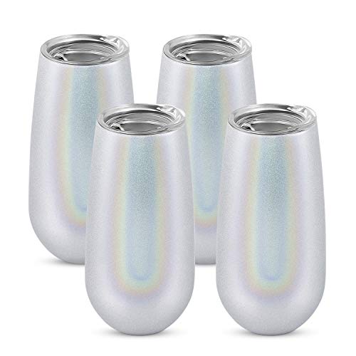 4 Pack Stemless Double Insulated Champagne Flute Wine Tumbler with Lid, 6 Oz Unbreakable Reusable Cocktail Champagne Toasting Glasses, Great Gift for Friends Family Christmas Birthday, Glitter White