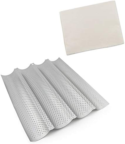 NiceCode Baguettes Loaf Pan, 4 Loaves Perforated Baguette Pan French Bread Tray Loaf Pan Bread Baking Stainless Steel Cooking Toaster Tool with Couche Proofing Cloth