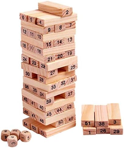 Happy GiftMart 51 Pcs Wooden Tumbling Stacking Building Tower Blocks Mini Junior with Numbers Math and 4 Dice (51 Pcs Numbered)