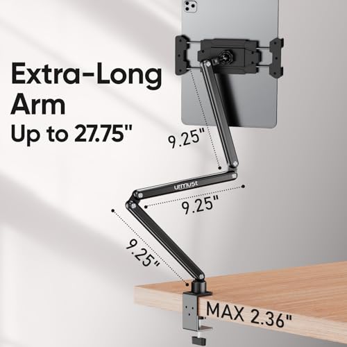 Urmust Tablet Holder Height Adjustable Aluminium Tablet Arm Holder with 360° Rotating Metal Base, iPad Holder Table Compatible with iPad Galaxy Tab Kindle & Monitor Holder from 4.7 Inch - 15.6 Inch