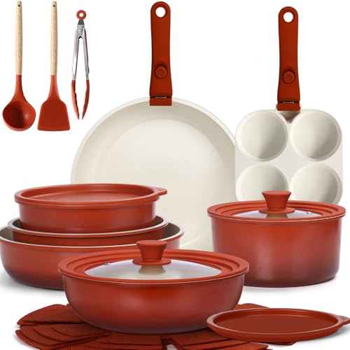 GiPP 21 Pieces Plus Non-Stick Frying Pan Set with Removable Handles, Red | Suitable for Induction, Gas,Ceramic,Electric,Aluminium,Healthy Kitchen for Motorhomes,Toxin Free,Oven/Dishwasher Compatible