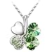 White Gold Plated Swarovski Crystal Heart Shaped Four Leaf Clover Pendant Necklace - Green