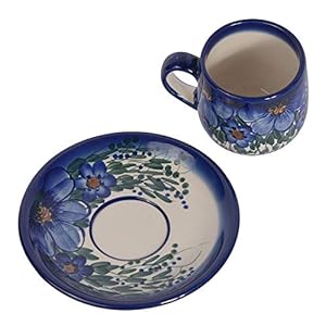 Traditional Polish Pottery, Handcrafted Ceramic Espresso Cup and Saucer 100ml, Boleslawiec Style Pattern, F.301.CREDO