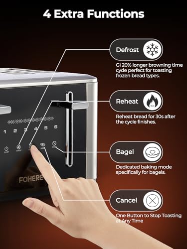 Toaster 4 Slices, 1600 W Intelligent Stainless Steel Toaster, 6 Colour Settings, Full Touchscreen Operation, Extra Wide 1.57 Inch Slot, with Digital Timer, Crumb Drawer, Silver