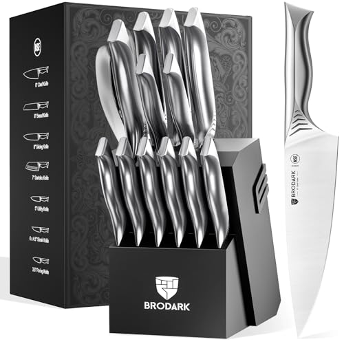 BRODARK Knife Set for Kitchen with Block, 15Piece Kitchen Knife Set