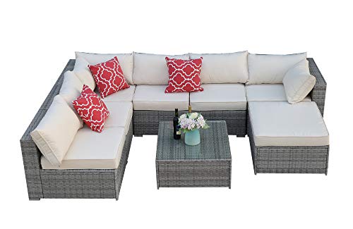 Do4U Patio Sofa 8-Piece Set Outdoor Furniture Sectional All-Weather Wicker Rattan Sofa Brown Sea ...