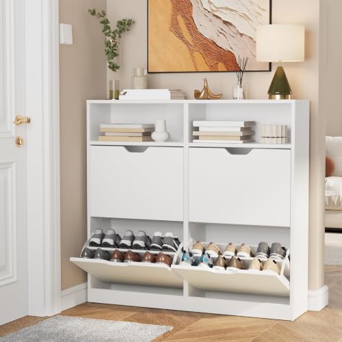 Zapatera Organizador Madera 4 Cajones Abatibles, Zapateras Modernas, Blanco | Zapateros Cerrado Mueble con Estantes Extraíbles, 8-16 pares, Zapatero de Madera para Recibidor Entrada Casa, 105*24*100cm