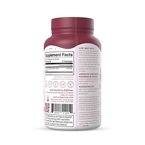 KOS Organic Beet Root Capsules 1500mg Natural Nitric Oxide Booster