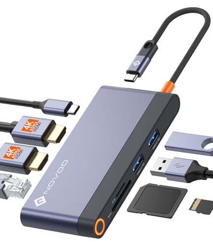 Dual Monitor Laptop Docking Station - 8 in 1 USB C Multiport Adapter with 2 HDMI 4K 60Hz, 1Gbps Ethernet, 100W PD, 2 USB 3.2, SD TF Card Reader Compatible with MacBook/DELL/HP/Lenovo