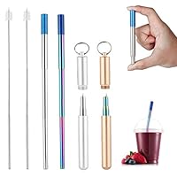 VEHHE 2PCS Collapsible Metal Straws Reusable Straws telescopic Stainless Steel Straw with Portable Aluminum Alloy Travel Case Adjustable Cleaning Brush for 20oz/30oz Tumblers Beverage (Silver+Rainbow)