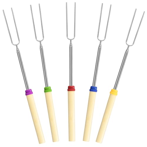 5 Pack Marshmallow Roasting Sticks Set, Extendable 32in Long Metal Barbecue Skewers with Wooden Handle, for Marshmallow,