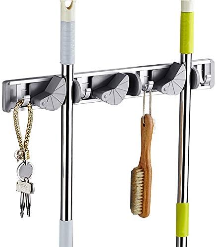 3 Positions 4 Hooks Mop Broom Clean Tool Holder Wall Mounted Hook Utility Rack Adhesive or Screw Hanger for Garden Garage Bathing Room Storage