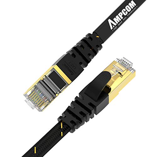 CAT7 Shielded Ethernet Cable - AMPCOM Flat Network Patch Cord (10G 600MHz) with Gold Plated Lead & Shielded RJ45 Connectors for Modem, Router, TV, Patch Panel, PC, Laptop - 6ft | Black - Thumbnail 7