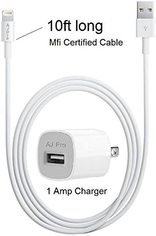AJ Pro (TM) 10ft Extra long Extension [ Apple Certified Mfi] White 8 Pin USB Sync Cable Power Cord with 1 Amp Wall charger for Apple iPhone 7, 7 Plus 6S, 6, 6 Plus, 5S, 5C, 5 (for iOS 9 and iOS10)