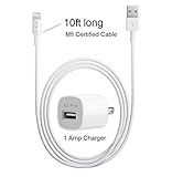AJ Pro (TM) 10ft Extra long Extension [ Apple Certified Mfi] White 8 Pin USB Sync Cable Power Cord with 1 Amp Wall charger for Apple iPhone 7, 7 Plus 6S, 6, 6 Plus, 5S, 5C, 5 (for iOS 9 and iOS10)
