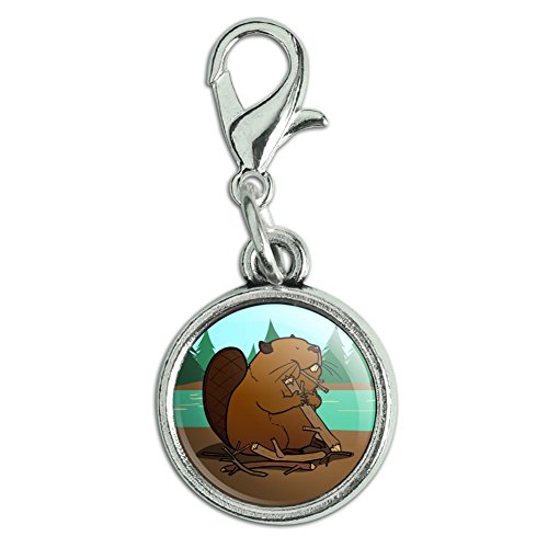 Beaver Chomping Wood Antiqued Bracelet Pendant Zipper Pull Charm with Lobster Clasp