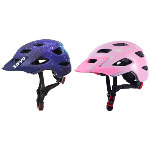 2 Pack Kids Helmet, SIFVO Boys and Girls Bike Helmet with Cool Visor Helmet for Kids 5-14, Adjustable & Lightweight 50-57cm(Starry Sky+Pink Butterfly)