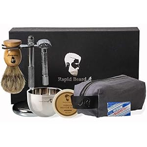 Shaving Kit for Men Wet Shave – Safety Razor with 10 blades, Shaving Badger Hair Brush, Sandalwood Shaving Soap Cream…