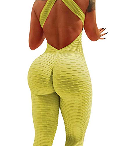 WISHU Women's High Waist Ruched Butt Lift Yoga Pants Jumpsuit Textured Stretchy Skinny Tummy Control Workout Gym Leggings (Yellow, L)