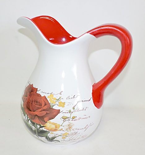 Decorative Porcelain Pitcher Vase 11" Tall Red Rose Design